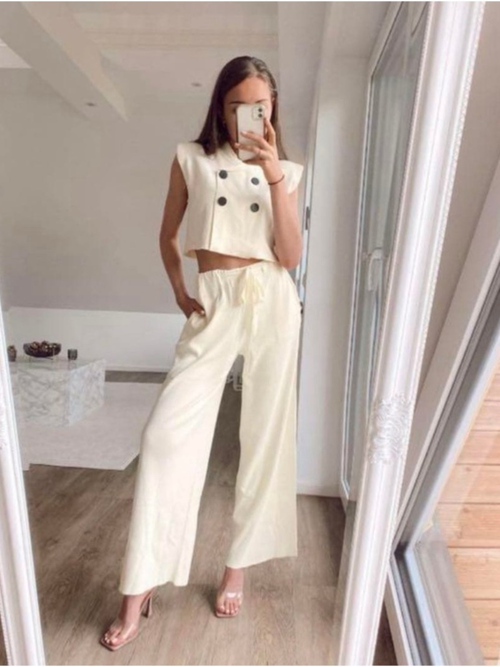 Zara Cream Double-Breasted Cropped Vest with Black Buttons